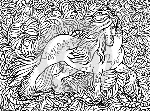 Unicorn and flowers. Magical animal. Vector artwork. Black and white, monochrome. Coloring book pages for adults and