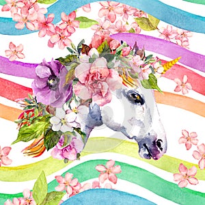 Unicorn, flowers. Seamless rainbow pattern. Floral watercolor repeated background in pastel colors