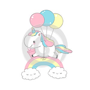 Unicorn Flying Balloons Over Rainbow Birthday Card. Happy Little Pony Hold Gift. Can be used for t-shirt print, kids