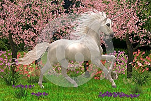 Unicorn and Forest with Flowering Cherry Trees