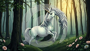 Unicorn in forest, magical creature and fantasy woods, Stock Photo, Generative AI photo