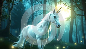 Unicorn in forest, magical creature scene, Stock Photo, Generative AI photo