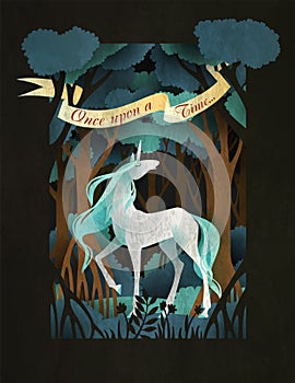 Unicorn in front of magic forest. Fairy tale book cover or poster template
