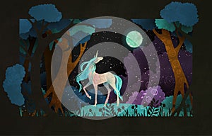 Unicorn in front of magic forest, night sky clouds and moon. Fairy tale illustration
