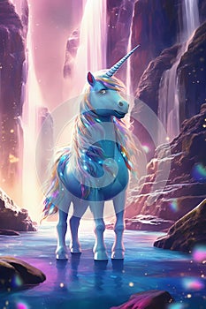 Unicorn in front of a wonderful waterfall - generative AI