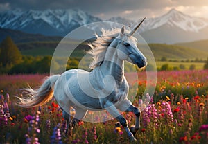 Unicorn Galloping Through Flowery Fields