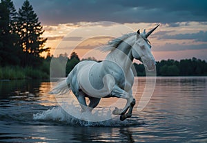 Unicorn Galloping through Sunset Waters