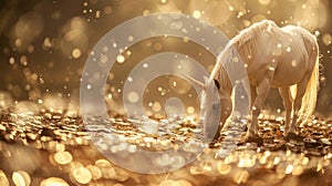 A unicorn grazing in a field of virtual coins embodying the idea of digital currency photo