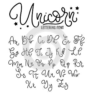 Unicorn hand drawn font design. Cute alphabet with flourish details. Vector unicorn alphabet