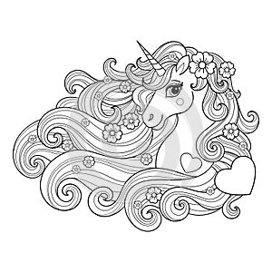Unicorn head. Black and white linear drawing. Vector