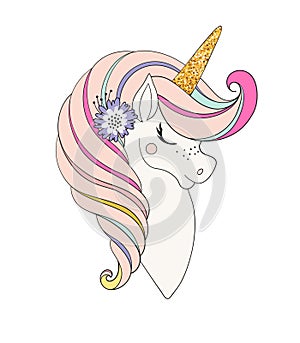 Unicorn head with flower. Beautiful portrait of a magic horse for design, postcard, invitation, children s party