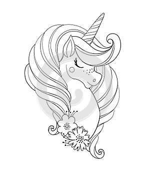 Unicorn head with flowers. Beautiful portrait of a magic horse. Drawing coloring book for a girl, linear sketch for