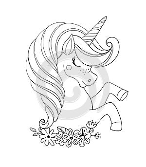 Unicorn head with flowers. Beautiful portrait of a magic horse. Drawing coloring book for a girl, linear sketch for design. Vector