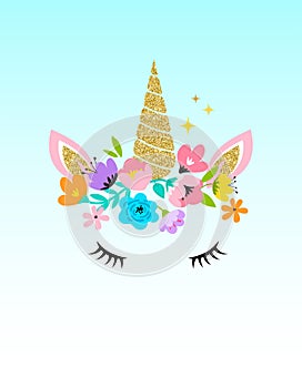 Unicorn head with flowers - card and shirt design