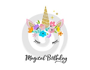 Unicorn head with flowers - card and shirt design