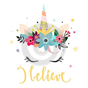 Unicorn head with flowers, printable card design