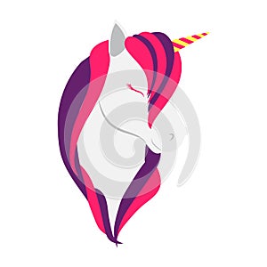 Unicorn head isolated. Magical animal. Vector artwork. Black and white logo unicorn cartoon style . Pink and purple photo