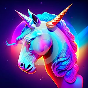 Unicorn head in neon style. Realistic vector illustration. Generative AI