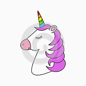 Unicorn head with pink mane and color horn. Cute magic horned horse, cartoon illustration for children theme.