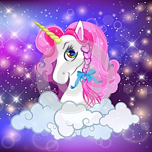 Unicorn head with pink mane portrait night sky