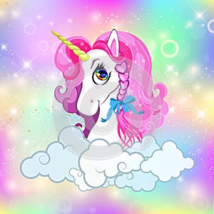 Unicorn head portrait on bright rainbow sky space