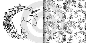 Unicorn head print and seamless pattern set