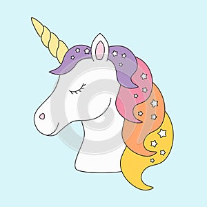 Unicorn head sleeping cute in pastel colors with stars on blue background vector