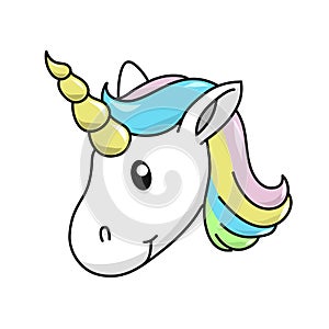 Unicorn head vector illustration on white background. Cute magical cartoon.