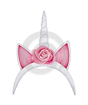 Unicorn headband with horn, cute funny ears and beautiful rose flower