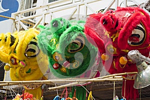 Unicorn heads for sale on Hang Ma street. The toy used to perform dragon and lion dance in oriental traditional festivals