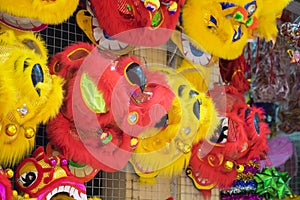 Unicorn heads for sale on Hang Ma street. The toy used to perform dragon and lion dance in oriental traditional festivals