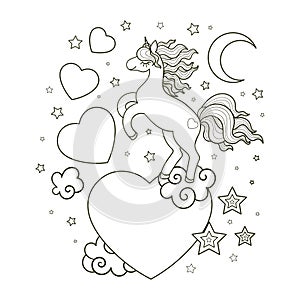 Unicorn and heart. Linear, black and white drawing for coloring. Vector