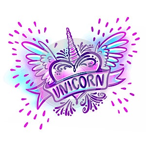 Unicorn heart with wings. Logo Illustration