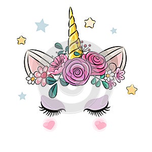 Unicorn horn with flowers cute illustration
