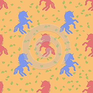 Unicorn horse concept seamless pattern in color on green leaves background, creative swirl dance pattern for fabric or cover