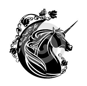 Unicorn horse with crescent moon, rose flowers and butterfly black and white vector design