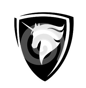 Unicorn horse head in heraldic shield black and white vector outline