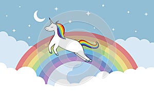 Unicorn horse jump flying on clouds rainbow moon stars background