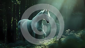 A unicorn horse rears up in a surreal deep dark forest