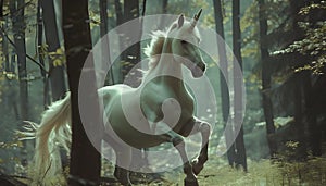 A unicorn horse rears up in a surreal deep dark forest