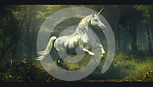 A unicorn horse rears up in a surreal deep dark forest