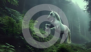 A unicorn horse rears up in a surreal deep dark forest