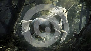 A unicorn horse rears up in a surreal deep dark forest