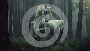 A unicorn horse rears up in a surreal deep dark forest