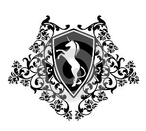 Unicorn horse and rose flowers black and white heraldic coat of arms