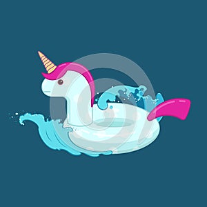 Unicorn inflatable pool float on the waves