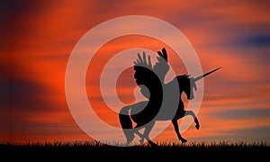 Unicorn Jumping On Sky Sunset. Silhouette of Horse with Wings and Horn Pegasus