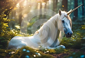 an unicorn laying down in the woods by trees and flowers