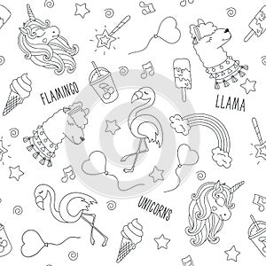 Unicorn, llama and flamingo. Black and white abstract outline seamless pattern. Fashion illustration drawing in modern style for