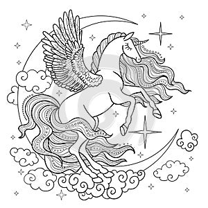 Unicorn with a long mane on the background of the month. Black and white. Vector illustration